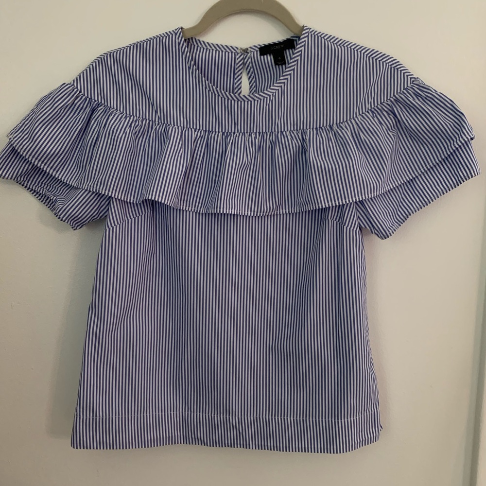 J. Crew Blue and White Striped Ruffle-Trim Blouse